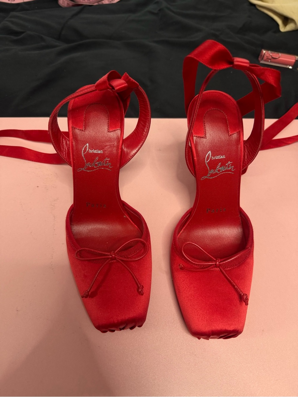 Christian Louboutin Red Satin Square-Toe Ankle-Tie Heels